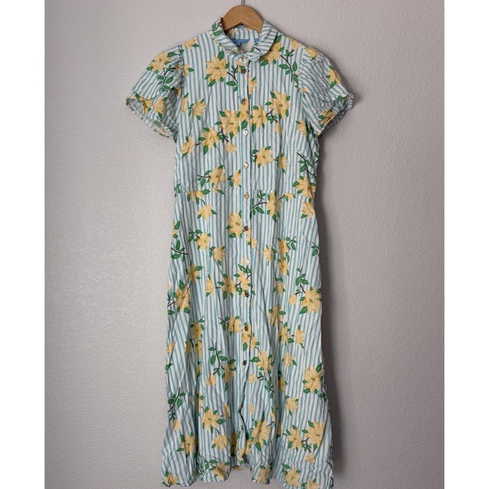 Draper James RSVP Floral Stripe Shirt Dress Blue Yellow Linen Blend Midi M